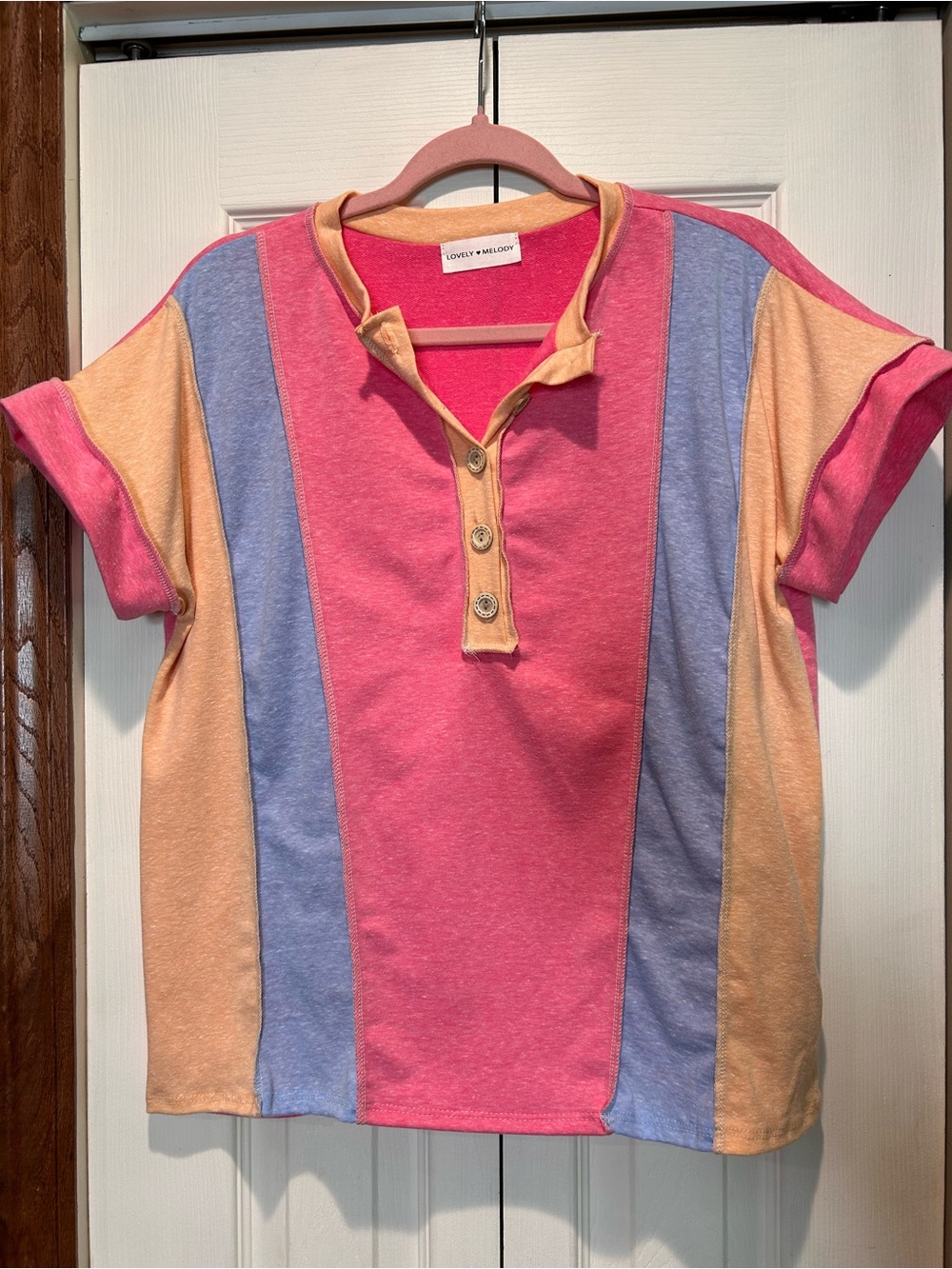 Lovely Melody Stripe Henley Tee - Pink, Peach & Light Blue